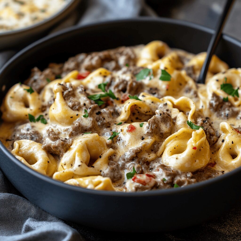 Cheesesteak Tortellini with Creamy Provolone Sauce