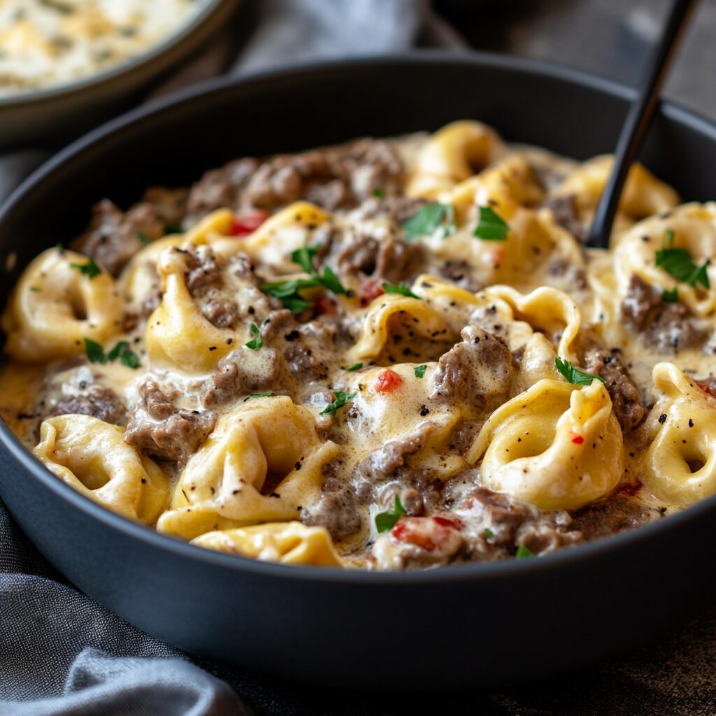 Cheesesteak Tortellini with Creamy Provolone Sauce