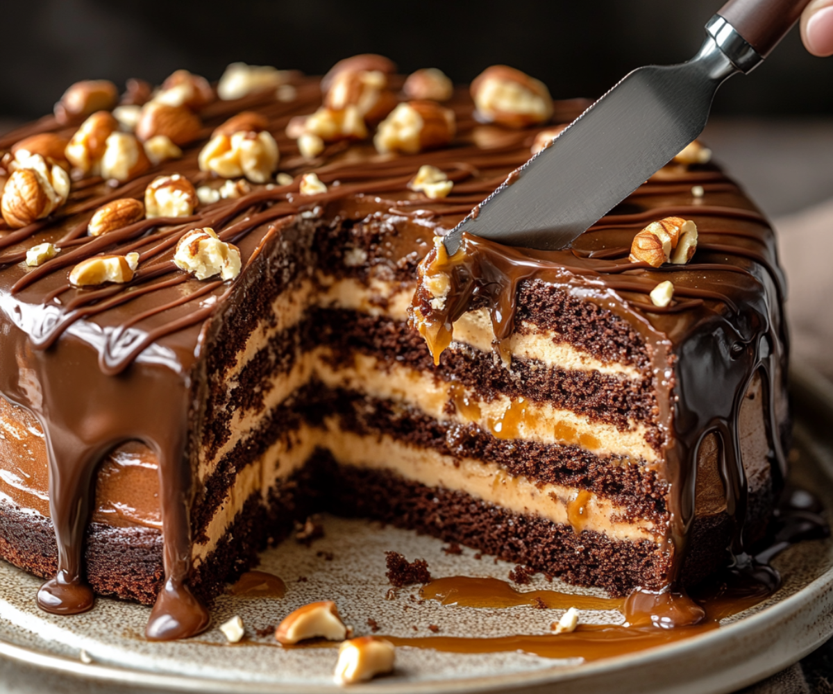 Delicious Chocolate Snickers Cake: rich, decadent, and topped with Snickers bars. Perfect for indulgent desserts. Easy recipe for chocolate lovers!