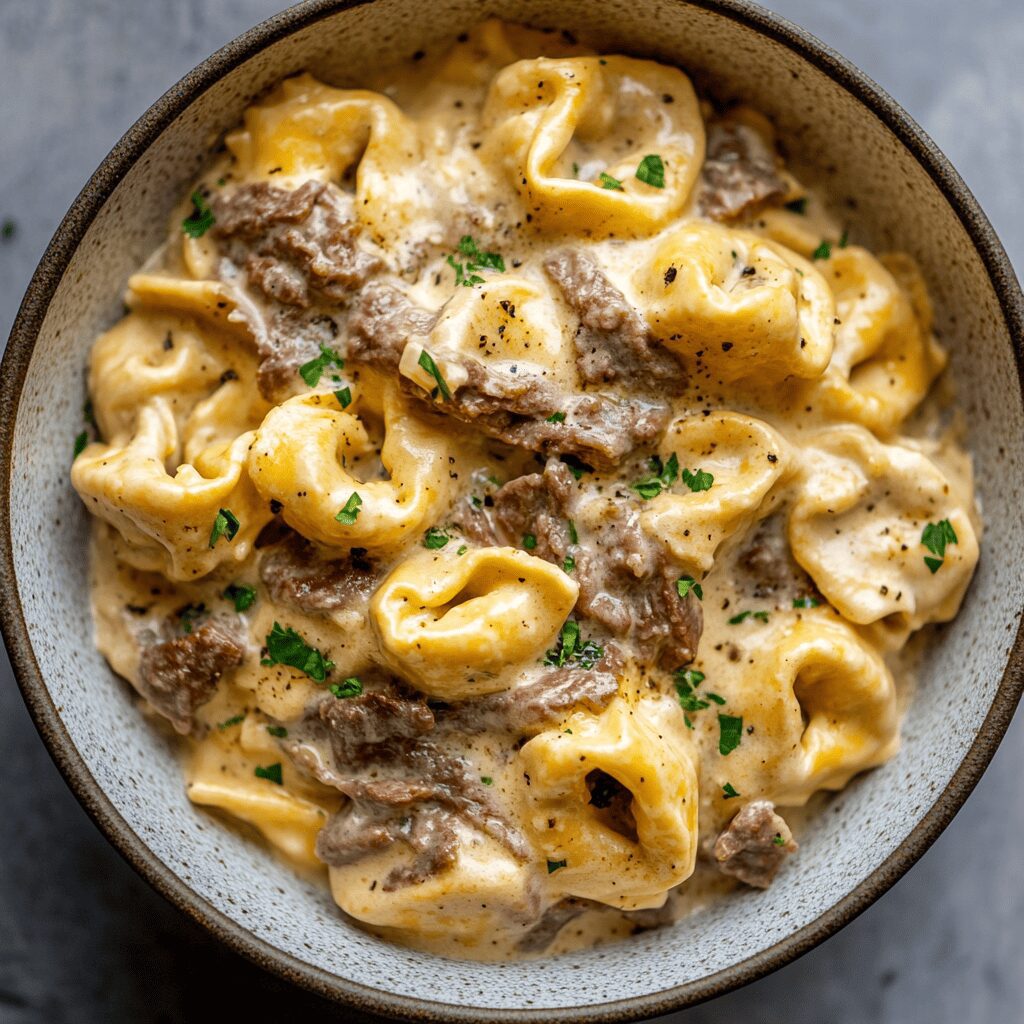 Cheesesteak Tortellini with Creamy Provolone Sauce