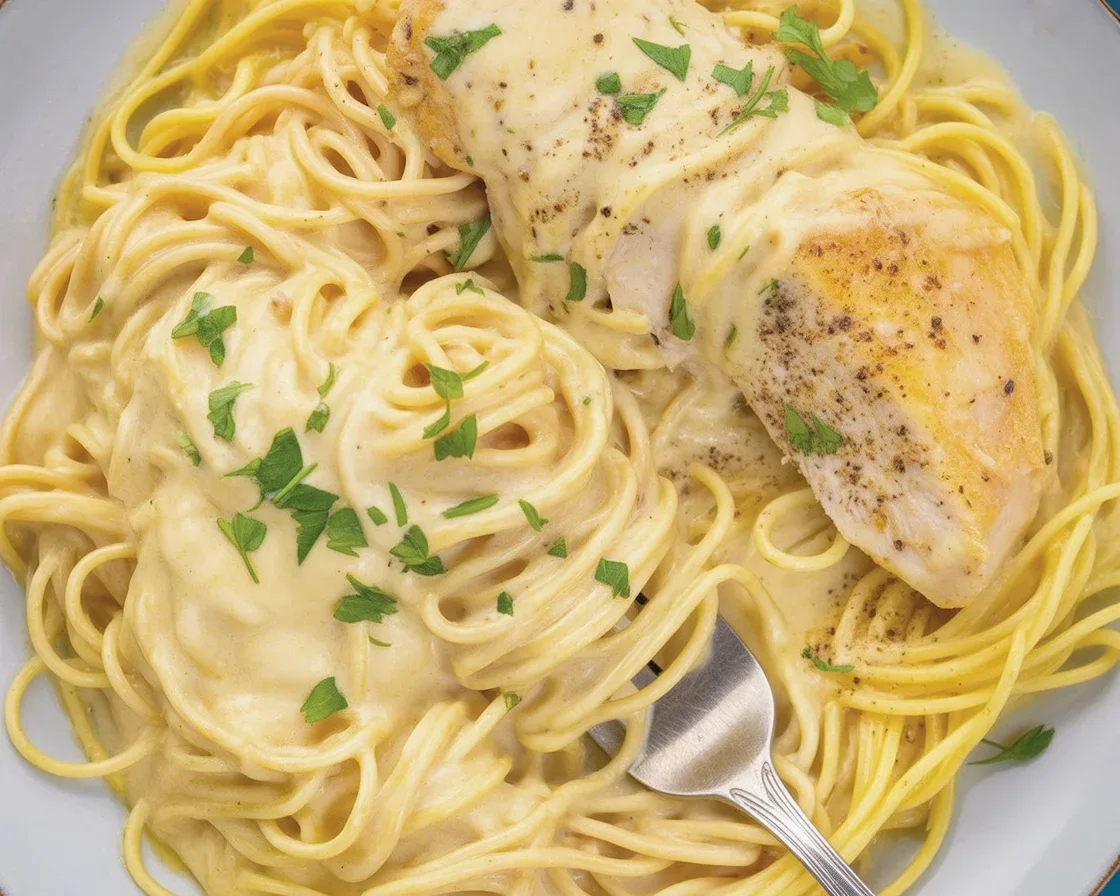 Crockpot angel chicken served over angel hair pasta with creamy sauce.