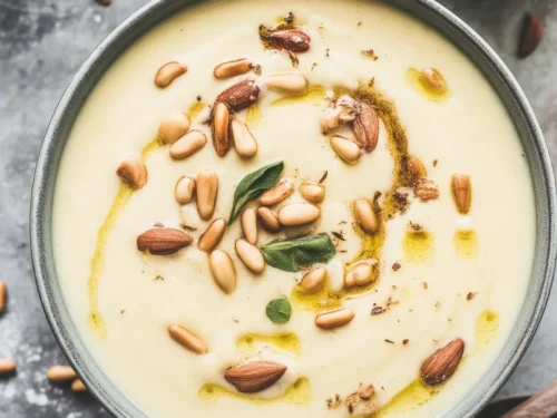 A delicious bowl of butter creamry potato soup garnished with herbs.