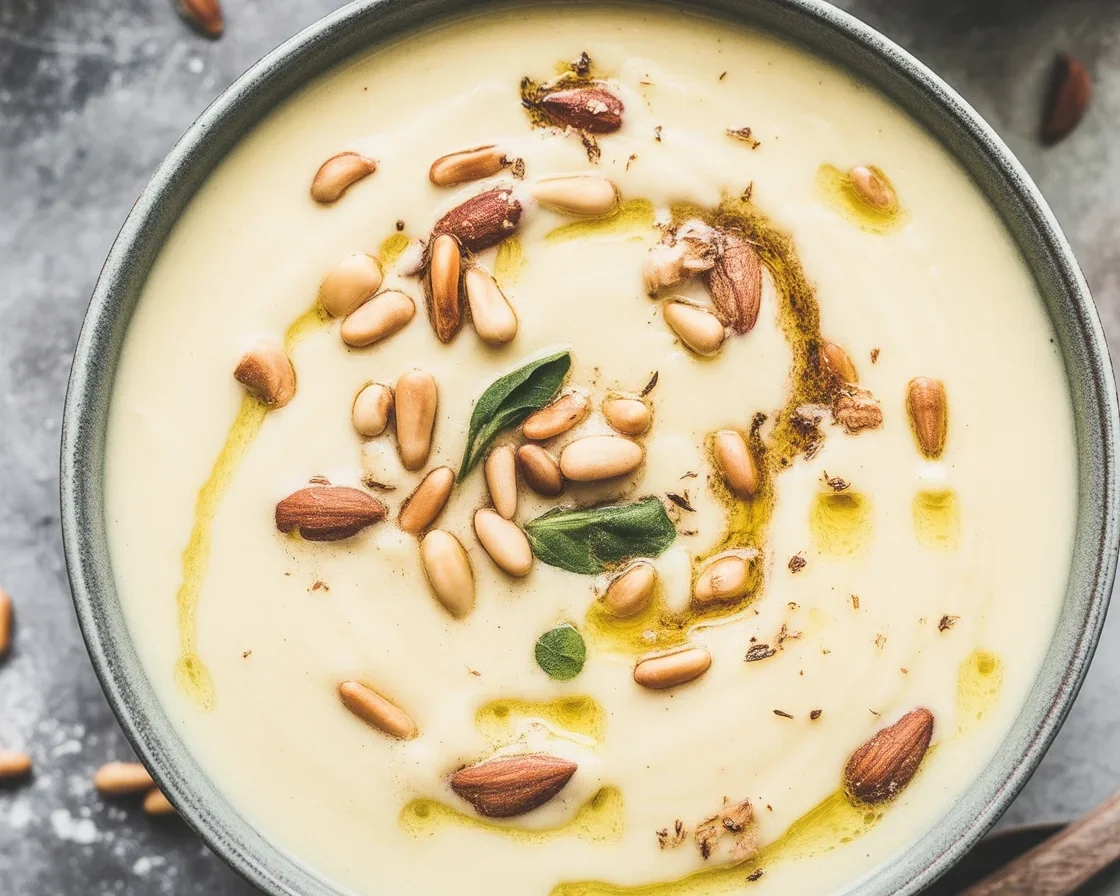 A delicious bowl of butter creamry potato soup garnished with herbs.