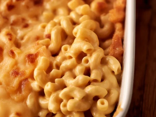 Baked old fashioned macaroni and cheese with a creamy cheese sauce and crispy topping.