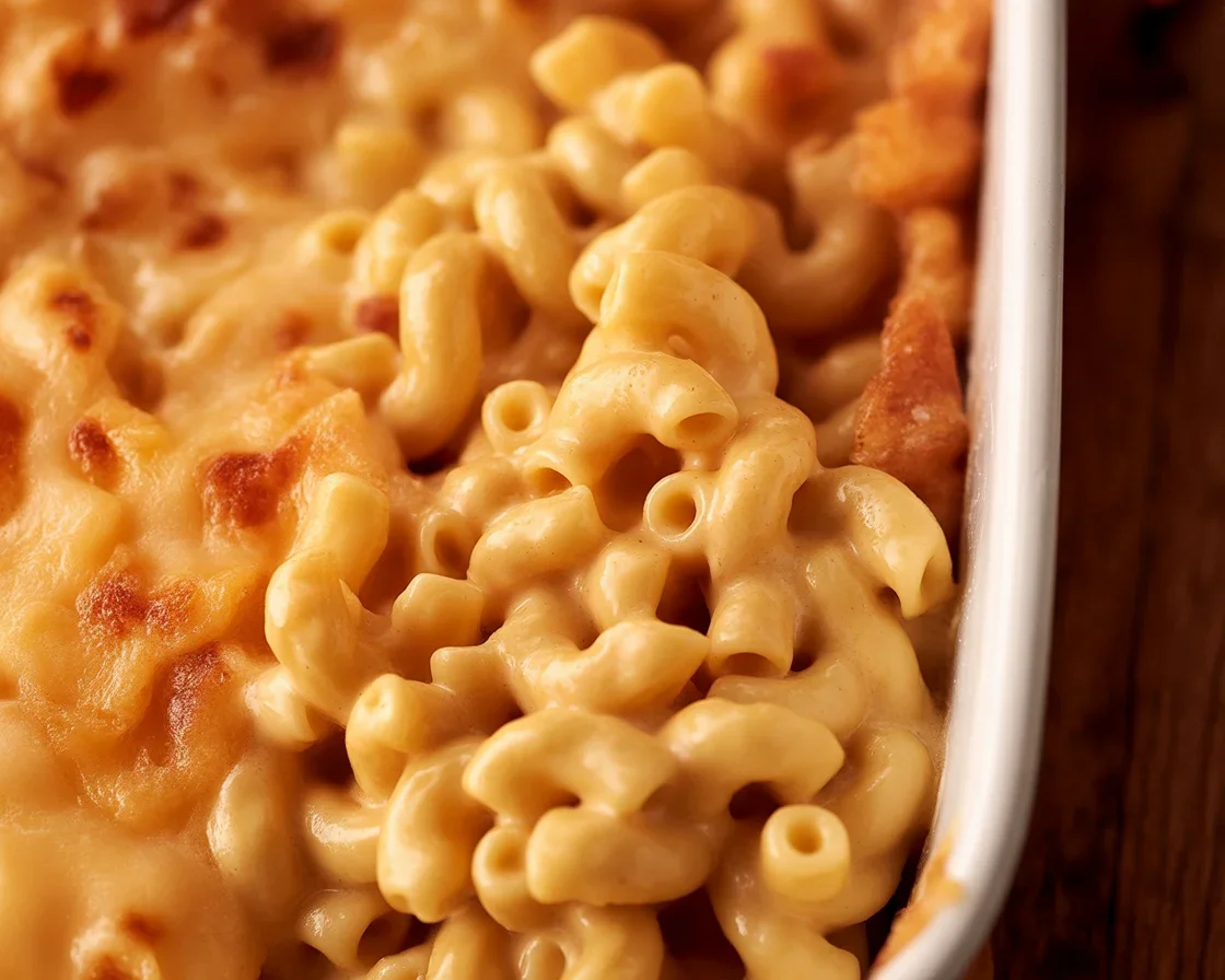 Baked old fashioned macaroni and cheese with a creamy cheese sauce and crispy topping.