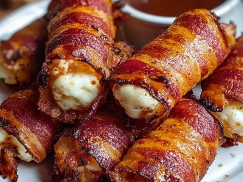 Bacon Wrapped Mozzarella Sticks on a plate, cooked to golden perfection.