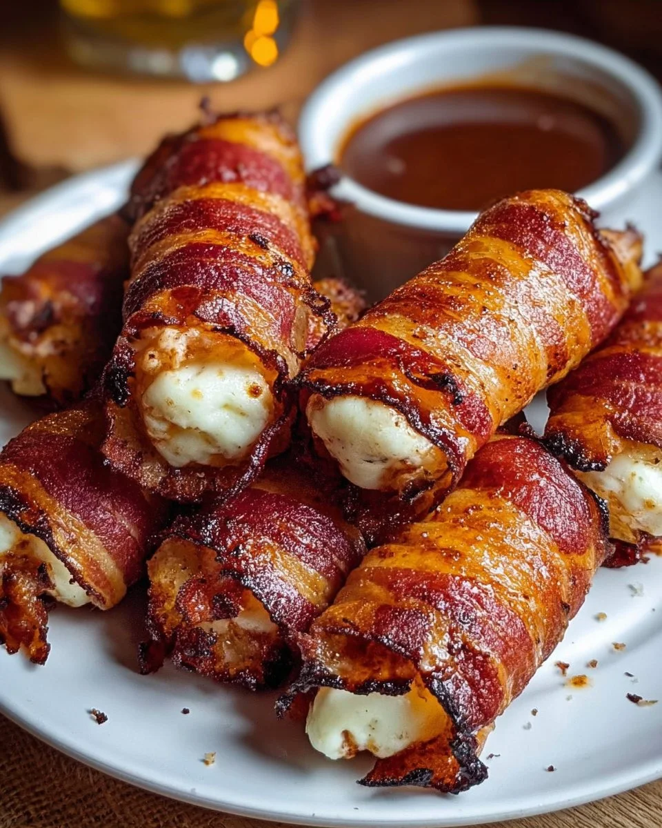 Bacon Wrapped Mozzarella Sticks on a plate, cooked to golden perfection.