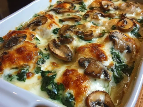 Low carb oven dish featuring chicken, spinach, and mushrooms in a baking dish.