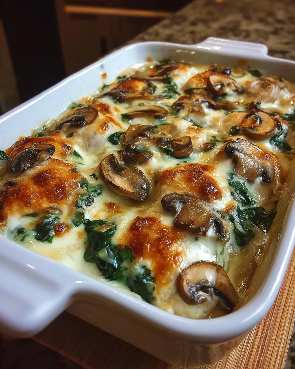 Low carb oven dish featuring chicken, spinach, and mushrooms in a baking dish.