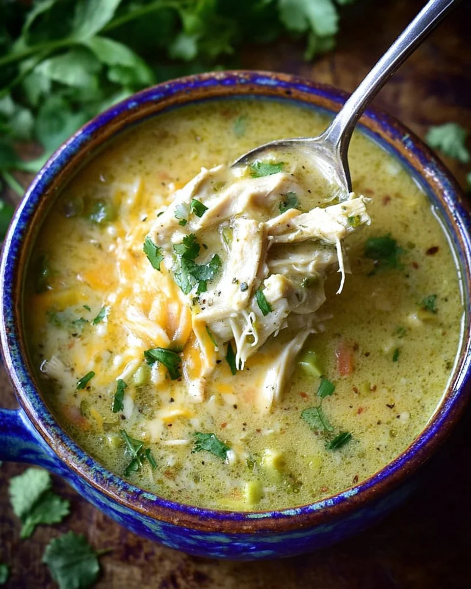 Bowl of flavorful Green Enchilada Chicken Soup garnished with cilantro and tortilla strips.
