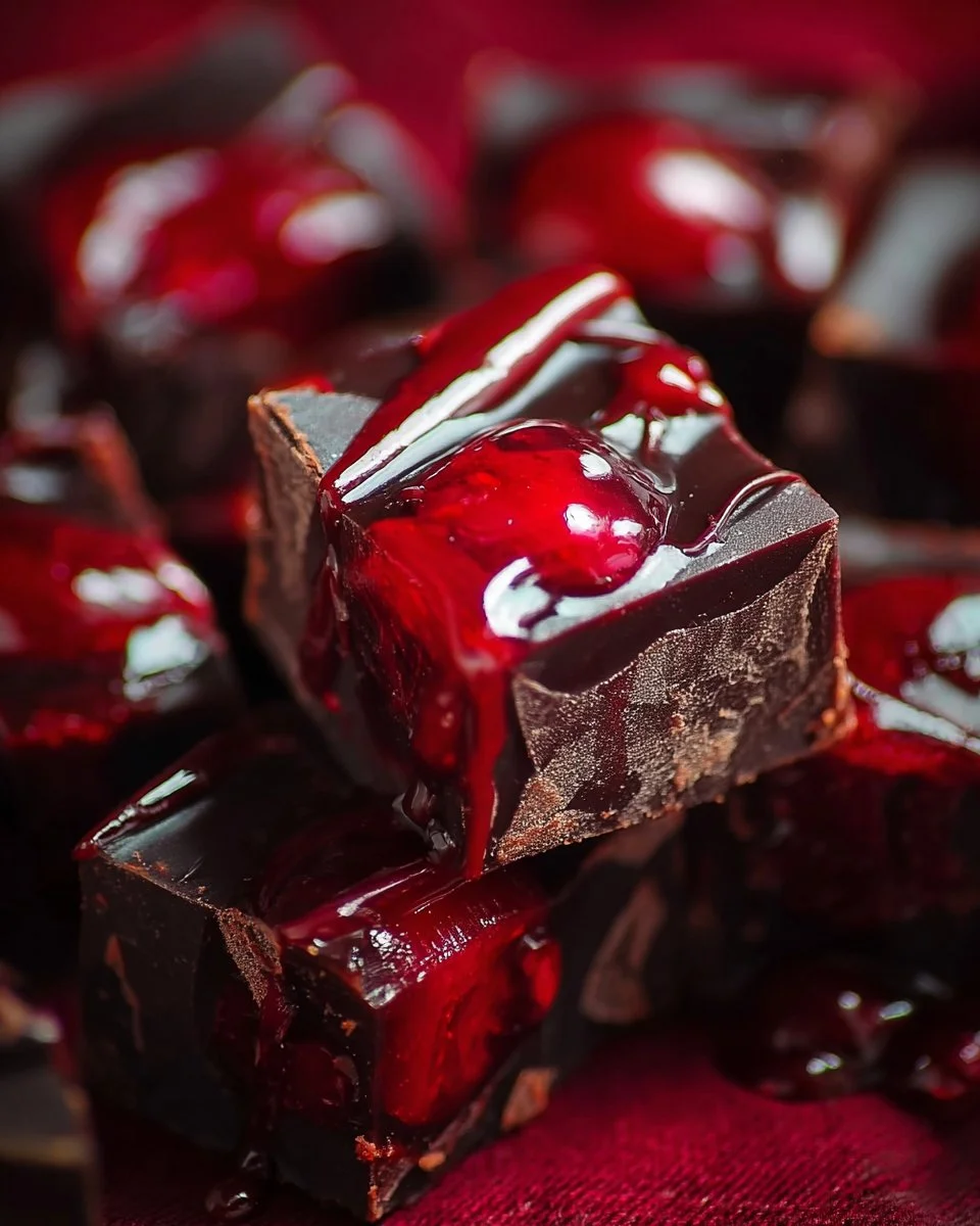 Homemade Halloween Dracula's Dark Cherry Fudge on a festive table.
