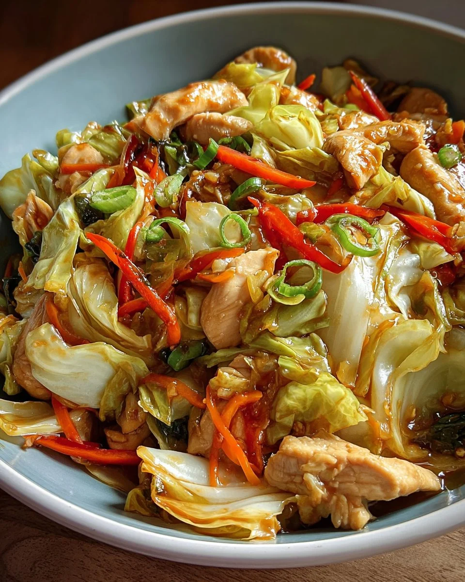 Keto Chinese Chicken Cabbage Stir-Fry with colorful vegetables in a skillet
