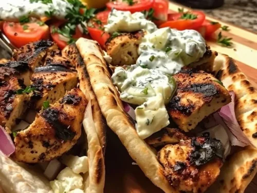 Keto Greek Chicken Pita Wrap filled with chicken, veggies, and tzatziki sauce