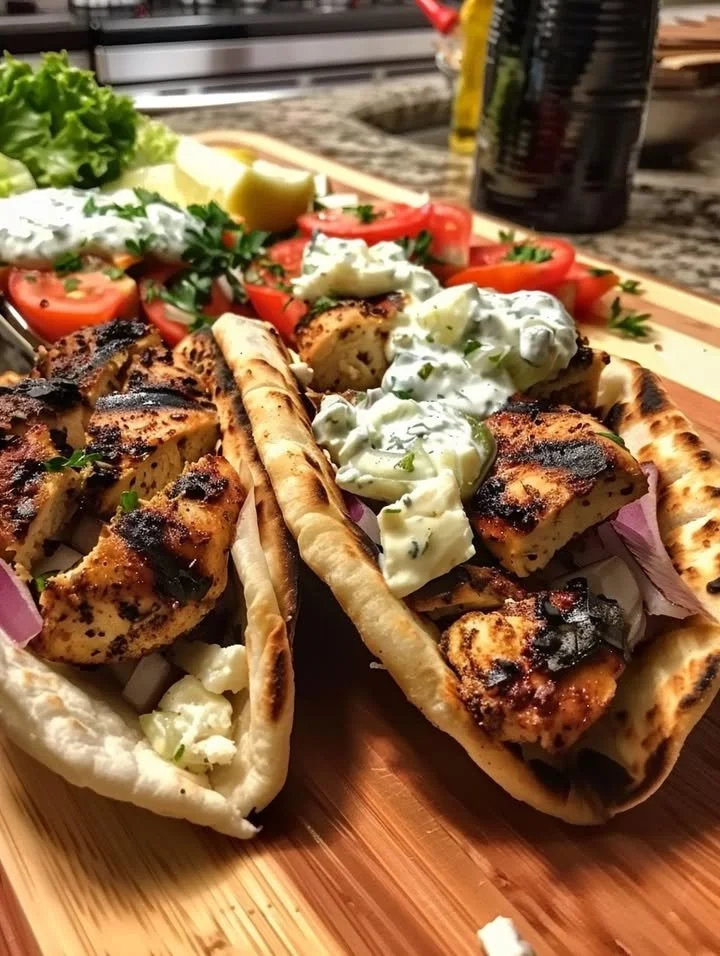 Keto Greek Chicken Pita Wrap filled with chicken, veggies, and tzatziki sauce