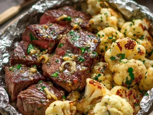 Keto Steak and Cauliflower Packets, a healthy low-carb meal option