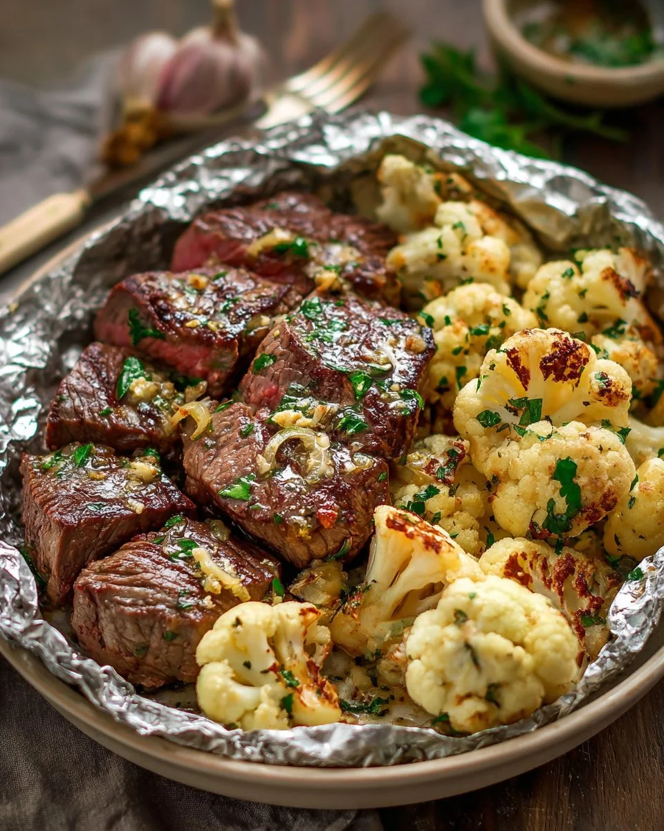 Keto Steak and Cauliflower Packets, a healthy low-carb meal option