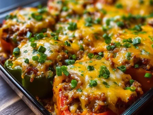 Keto Stuffed Pepper Casserole with colorful peppers and cheese