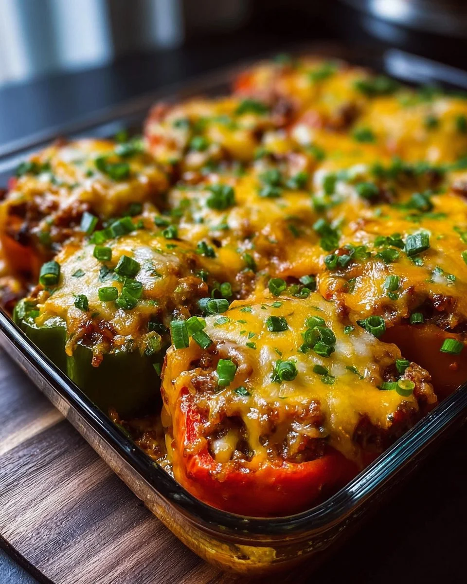 Keto Stuffed Pepper Casserole with colorful peppers and cheese