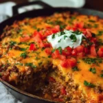 Keto Tex Mex Casserole topped with cheese and jalapeños