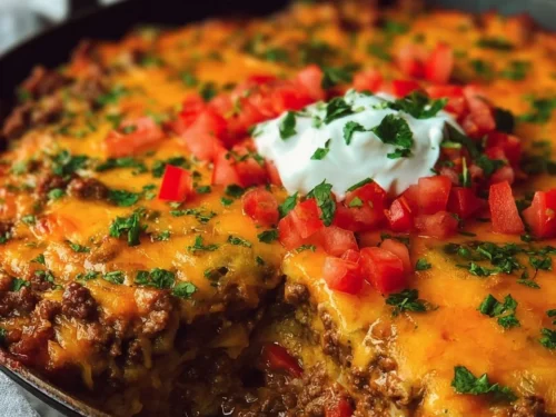 Keto Tex Mex Casserole topped with cheese and jalapeños