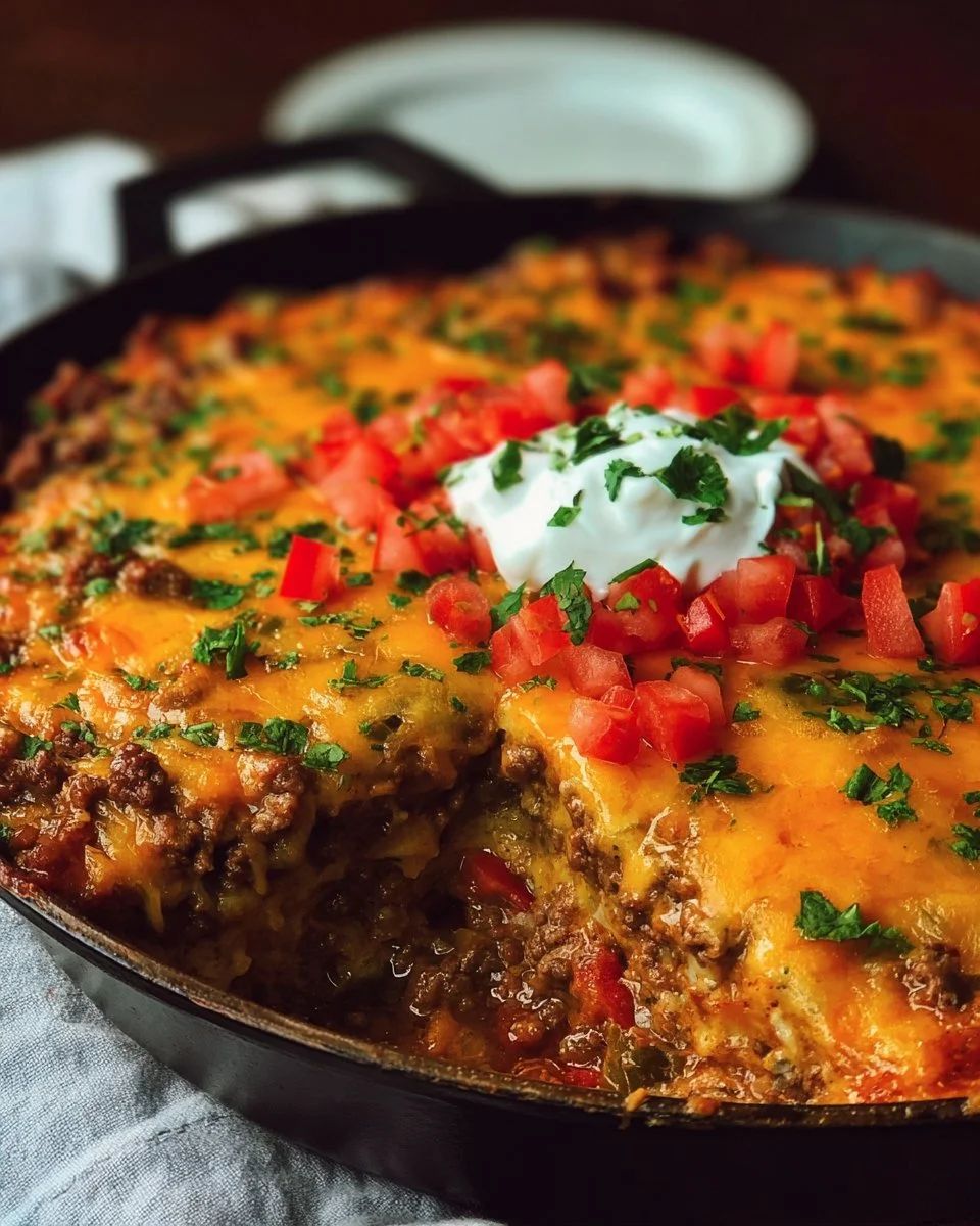 Keto Tex Mex Casserole topped with cheese and jalapeños