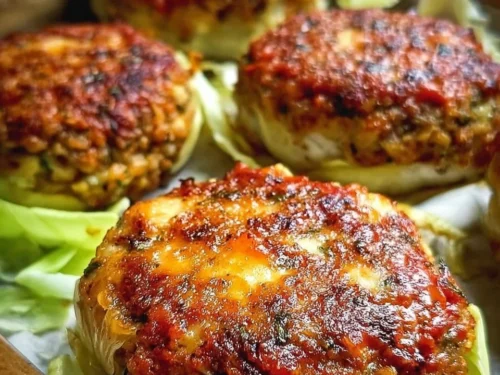Oven-baked cabbage burgers served with fresh toppings and sides.