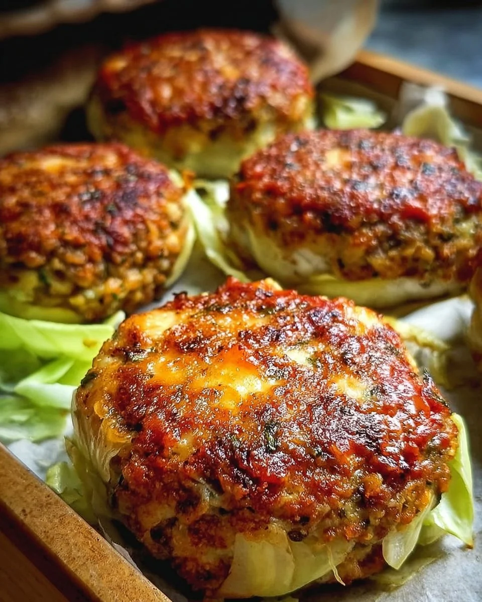Oven-baked cabbage burgers served with fresh toppings and sides.