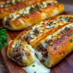 Philly cheesesteak stuffed cheesy breadsticks with melted cheese and savory filling