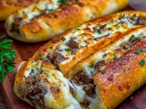 Philly cheesesteak stuffed cheesy breadsticks with melted cheese and savory filling