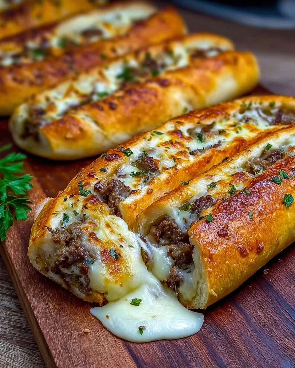 Philly cheesesteak stuffed cheesy breadsticks with melted cheese and savory filling