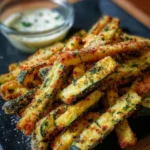 Plate of crispy air fryer zucchini fries served with dipping sauce.