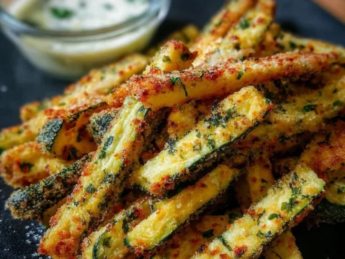 Plate of crispy air fryer zucchini fries served with dipping sauce.
