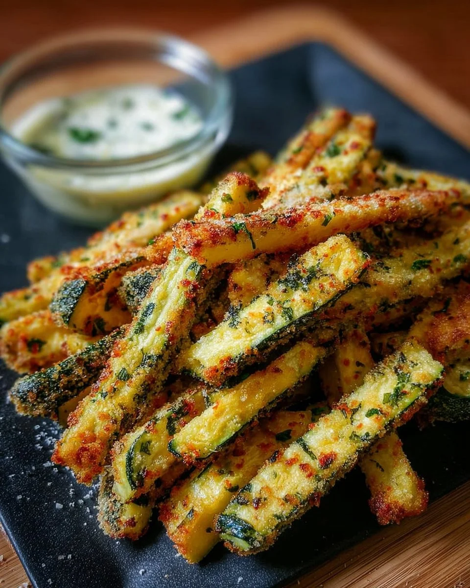 Plate of crispy air fryer zucchini fries served with dipping sauce.