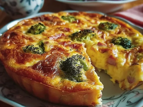 Broccoli Ham & Cheese Crustless Quiche baked to perfection