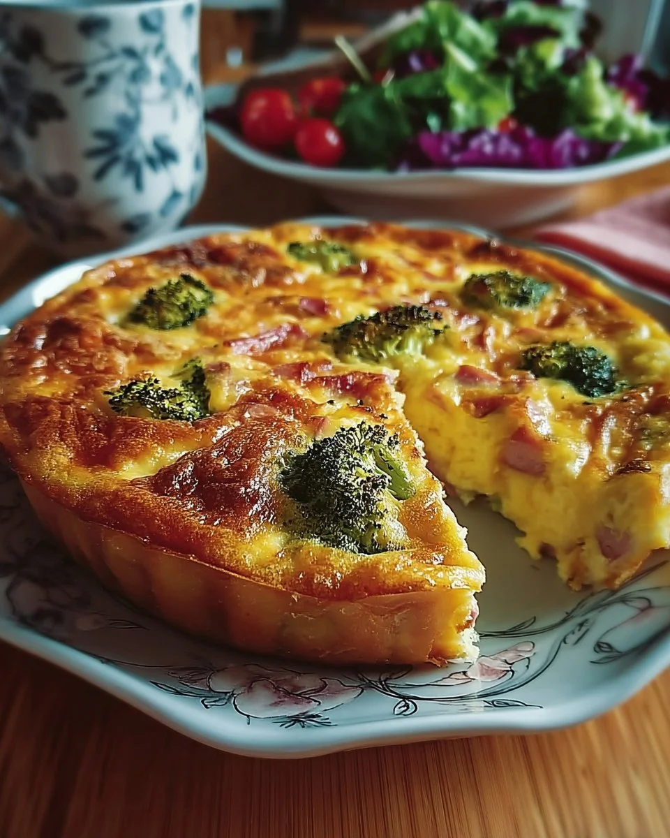 Broccoli Ham & Cheese Crustless Quiche baked to perfection