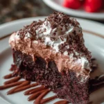 A slice of Chocolate Three Milks Cake topped with whipped cream and chocolate shavings.