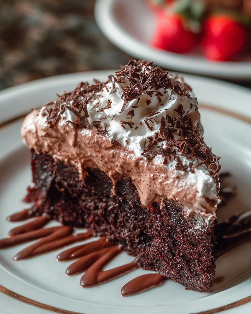 A slice of Chocolate Three Milks Cake topped with whipped cream and chocolate shavings.