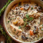 Bowl of creamy mushroom chicken and wild rice soup garnished with herbs.