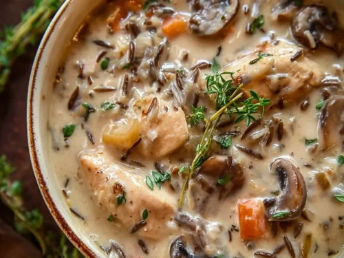 Bowl of creamy mushroom chicken and wild rice soup garnished with herbs.