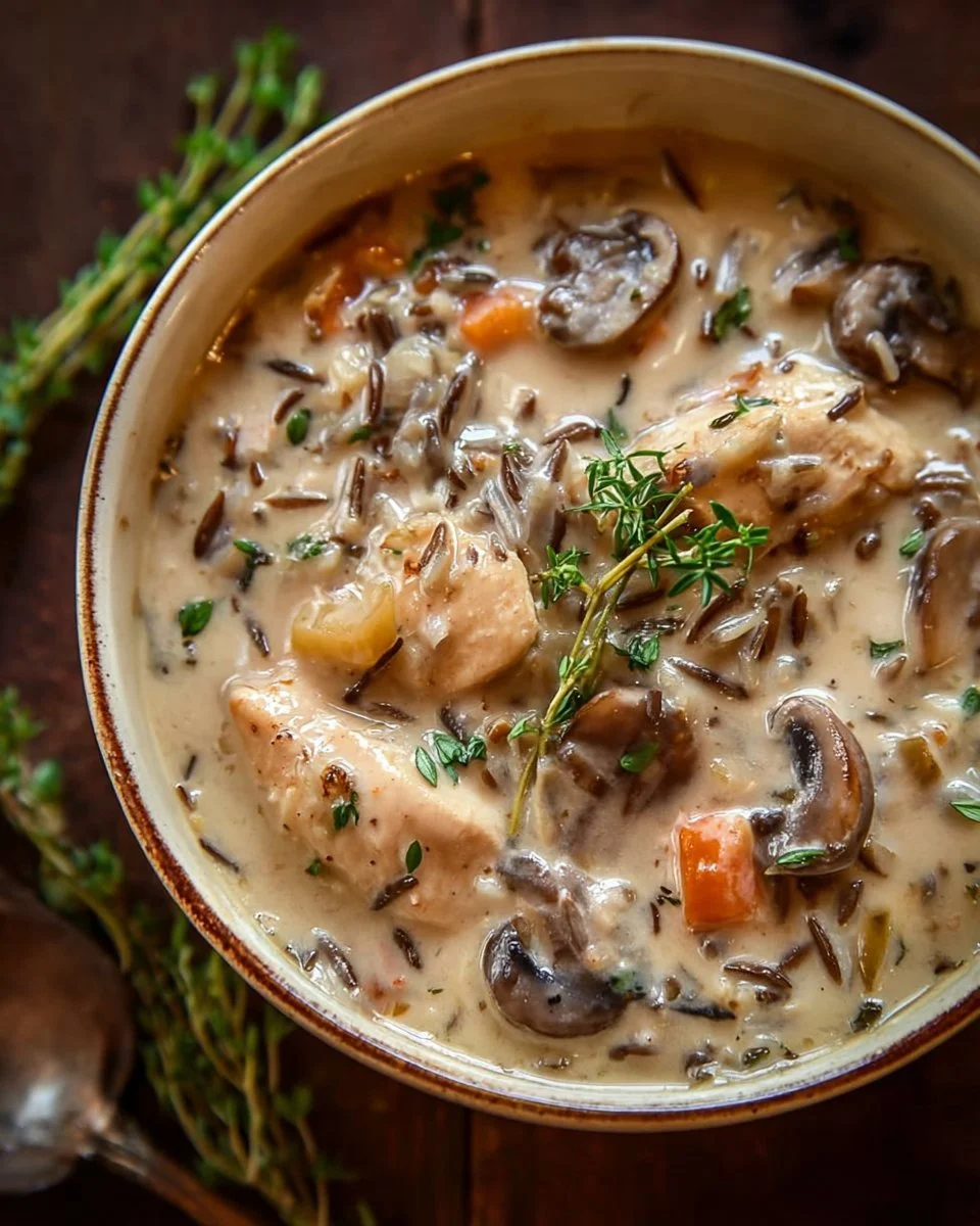 Bowl of creamy mushroom chicken and wild rice soup garnished with herbs.