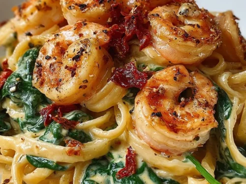 Creamy sun-dried tomato shrimp with spinach pasta served in a bowl.