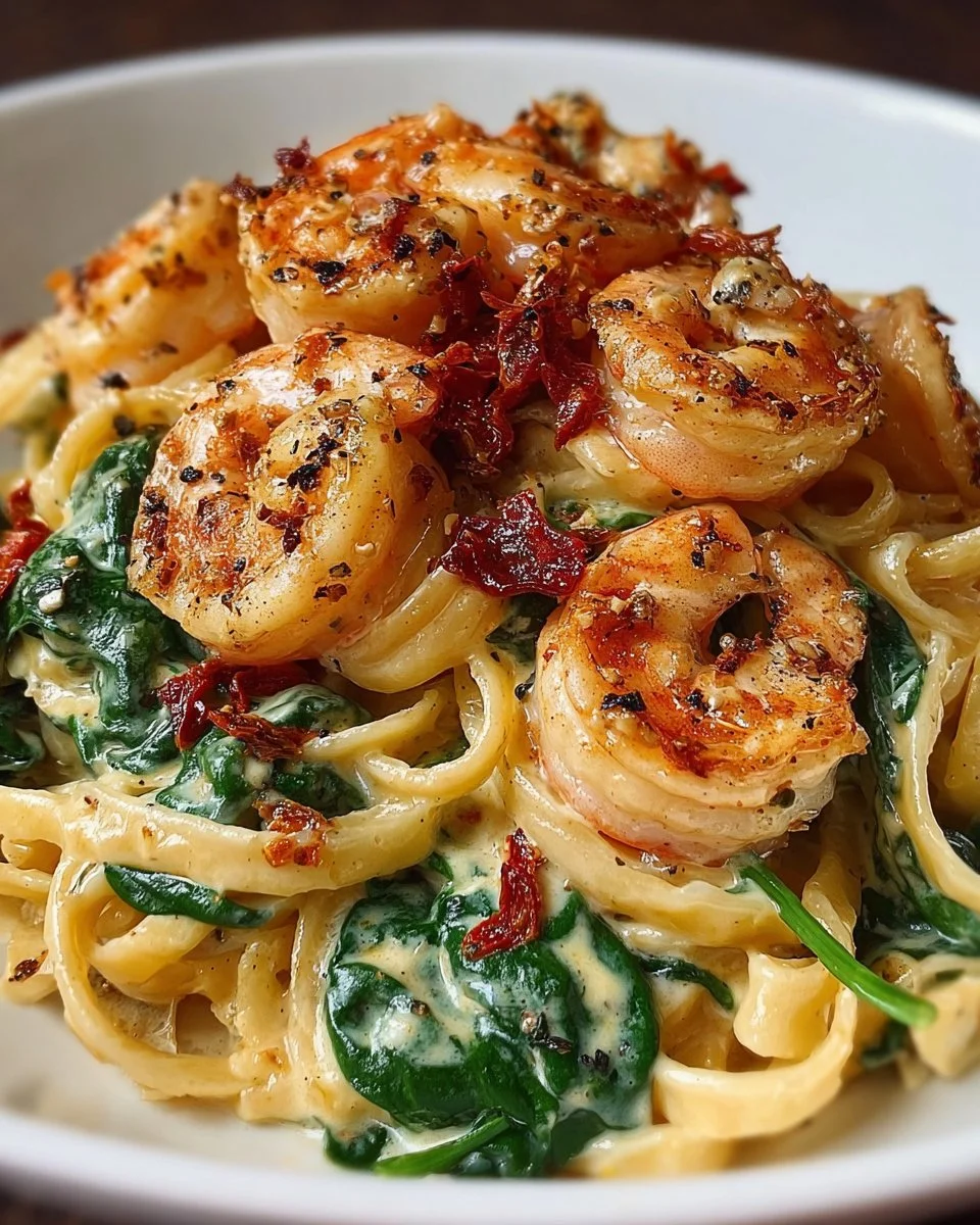 Creamy sun-dried tomato shrimp with spinach pasta served in a bowl.