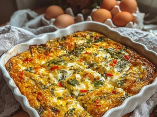 High protein egg bake topped with herbs and vegetables, served in a baking dish.