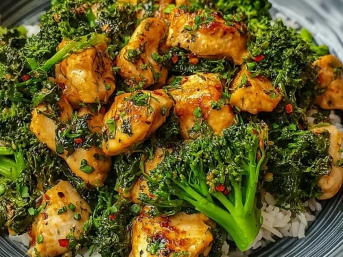 Keto broccoli and spinach garlic chicken served on a plate with fresh herbs
