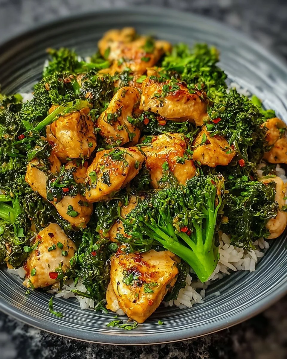 Keto broccoli and spinach garlic chicken served on a plate with fresh herbs