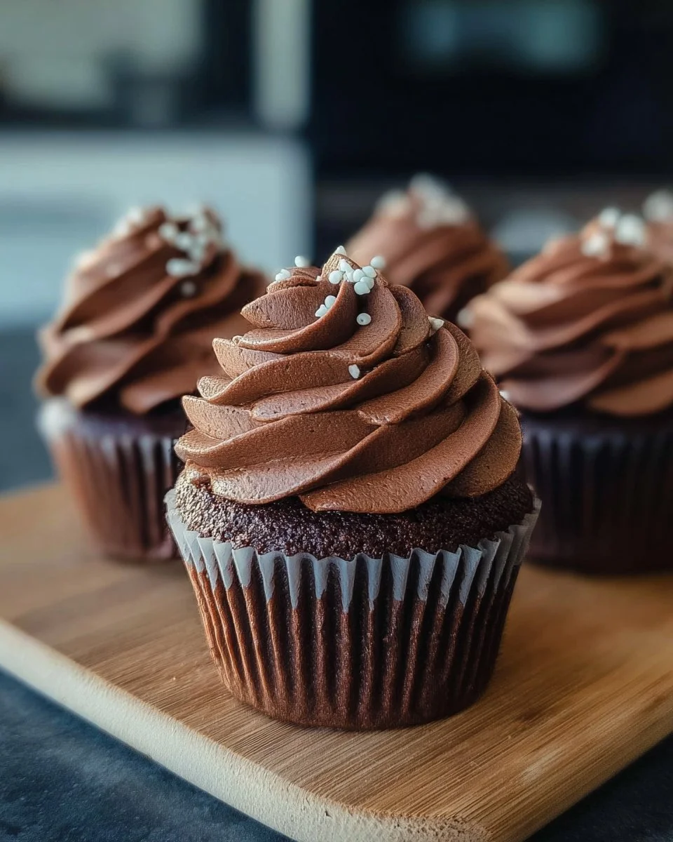 Delicious Keto Chocolate Cupcakes topped with rich chocolate frosting