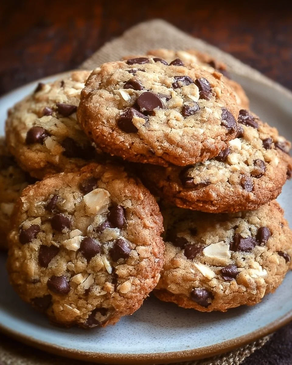 Delicious Keto Cowboy Cookies on a wooden plate with a rustic backdrop