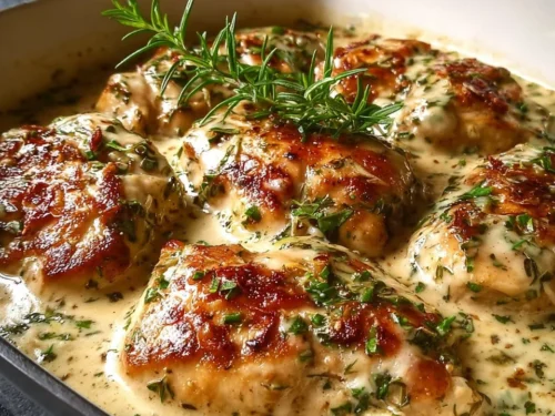 Keto Creamy Garlic Chicken served with fresh herbs on a plate