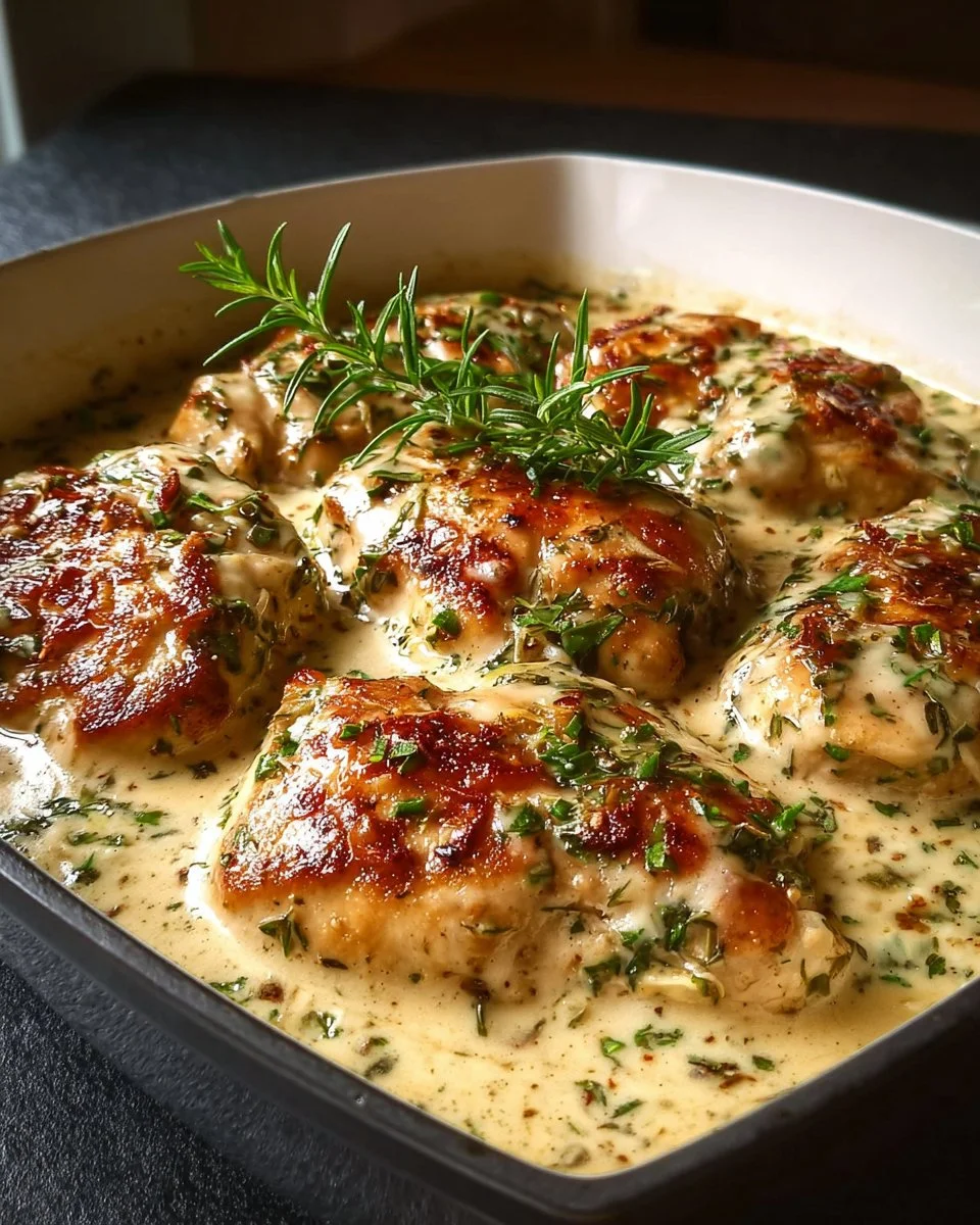 Keto Creamy Garlic Chicken served with fresh herbs on a plate