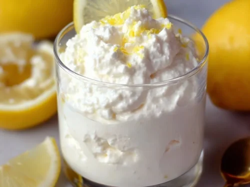 Keto Lemon Cottage Cheese Mousse served in a bowl with lemon slices